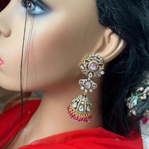 Victorian Jhumuka Earrings: Pink Moissanite, Mehendi Finish, South Indian Jewelry