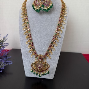 Kemp Ruby Emerald Peacock Haram Necklace Set: Matte Gold Indian Jewelry