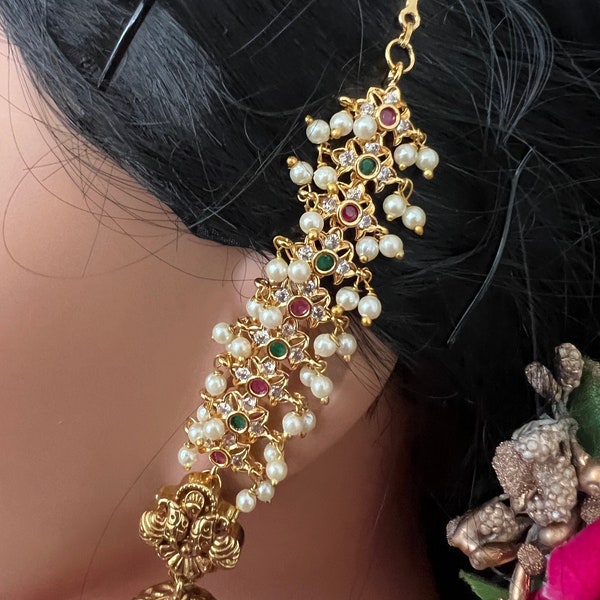 Ear Chains /Champa swaralu/ Premium Quality/ Gold Finish  Ear Chain Mattilu /Red And Green Kemp Pearl Drops/ South Indian Jewelry