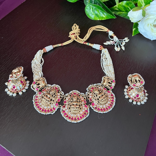 Nakshi Jadau Necklace/ Red Jadau Kundan Stones Necklace Choker /Gold Finish/ Temple Jewelry /Silver Gold Look Like/Indian Jewelry