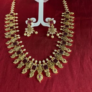 Red Ruby Carved Stone Haram Set: Gold Finish South Indian Jewelry