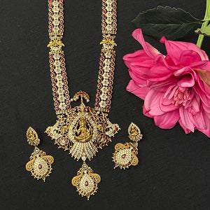 Kemp Ruby Lakshmi Long Haram with Peacock: Antique Gold Temple Jewelry Set