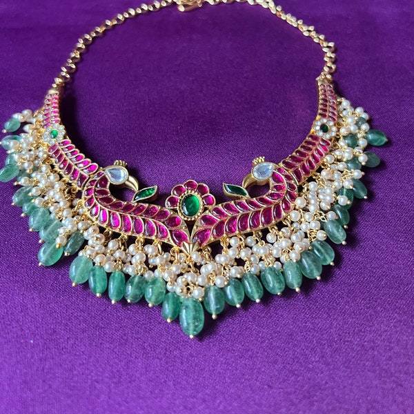 Jadau Kundan Ruby Pink Emerald Kundan Peacock Design/ONELY ONE Necklace Small/Gold Finish/Mint Green Beads/Traditional Trendy/Indian Jewelry