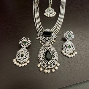 AD Doublet Green Stone  American Diamond Finish Mid Lanth Haram  Detachable Pendent/Maang Tikka/Earring Set/ Premium Quality/Indian jewelry