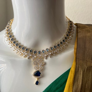 Dublet Royal Blue AD Stones /Small Necklace with Earrings/Dimond Finish Premium Quality/gold Polish/Gift Jewelry /South Indian jewelry