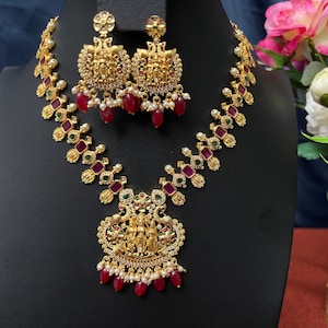 Ramparivar Ruby Emerald Necklace Set: Matte Gold Finish/ Indian Jewelry