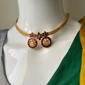 Jadau Kundan Choker/Goddess Lakshmi Pendant Choker / One Small Choker Only/ Gold Finish/ Ruby Emerald /South Indian Jewelry.
