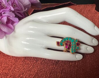 Jadau Kundan Ruby Pink Ocean Blue Peacock Finger Ring Gold finish/ High Quality /Adjustable Designer Finger Ring /South Indian Jewelry