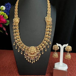 Nakshi Long Haram with Earring Set/Goddess Lakshmi with Peacock Pattern/Matte Antique Gold Finish/Bridal Haram/Indian Jewelry