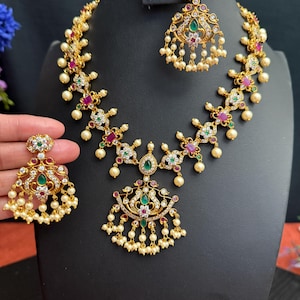 Peacock Necklace Green Emerald Ruby Pink CZ/Necklace with Earrings/ Premium Quality/South Indian Jewelry/Kemp Ruby Emerald/Matte Gold Finish