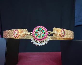 Jadau Kundan Ruby Pink/Adult Women Belt Hip Kamaurband/Gold Finish/Adult Saree Belt Bouttu Degsin 29 to 42 inches/ Indian Jewelry