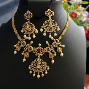 Goddess Lakshmi Ruby Choker Necklace Set: Antique Gold Indian Jewelry