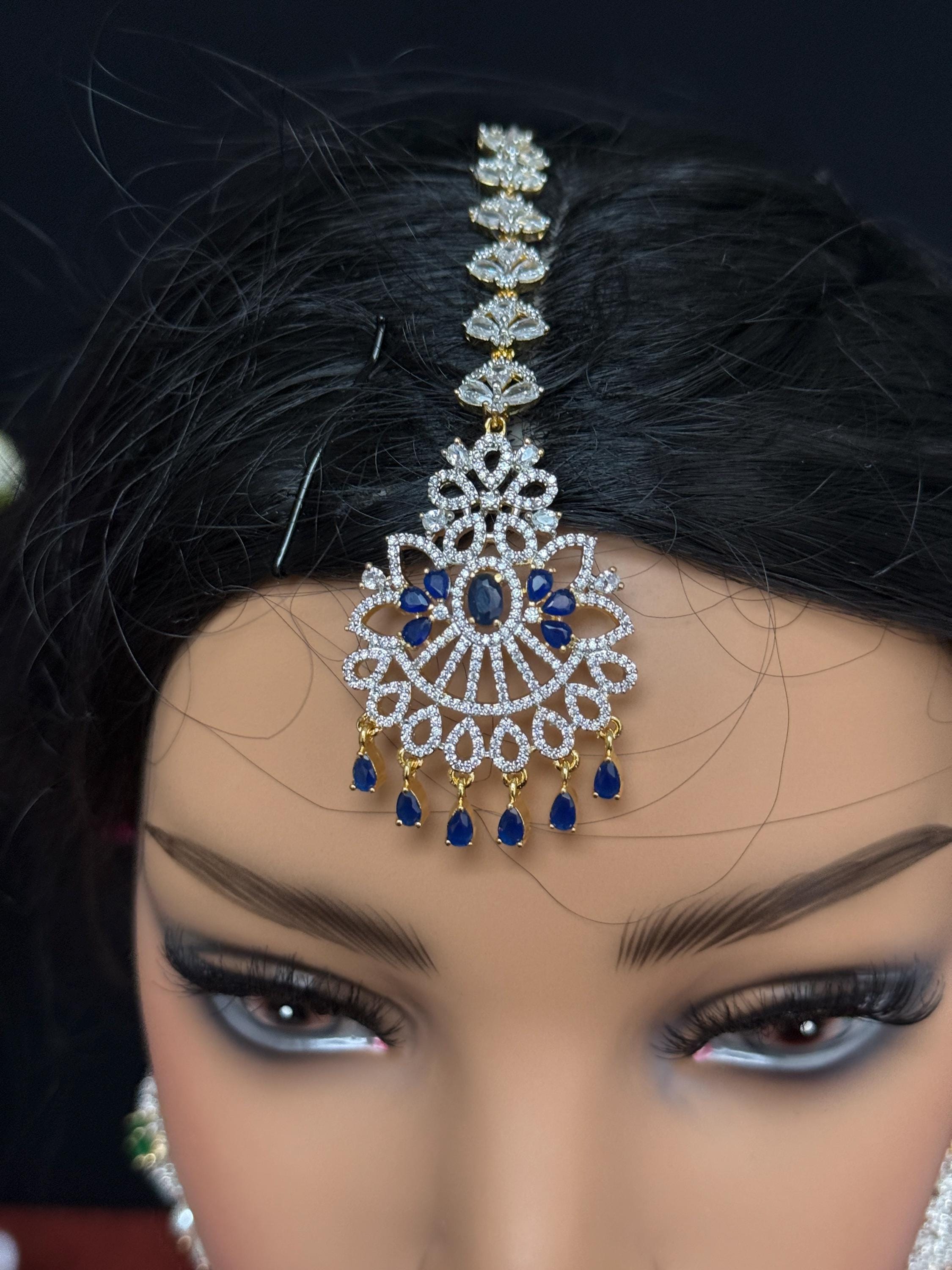 Maang Tikka Indien Bollywood Perles Bleues Ton Or - Bijou De Front Neuf