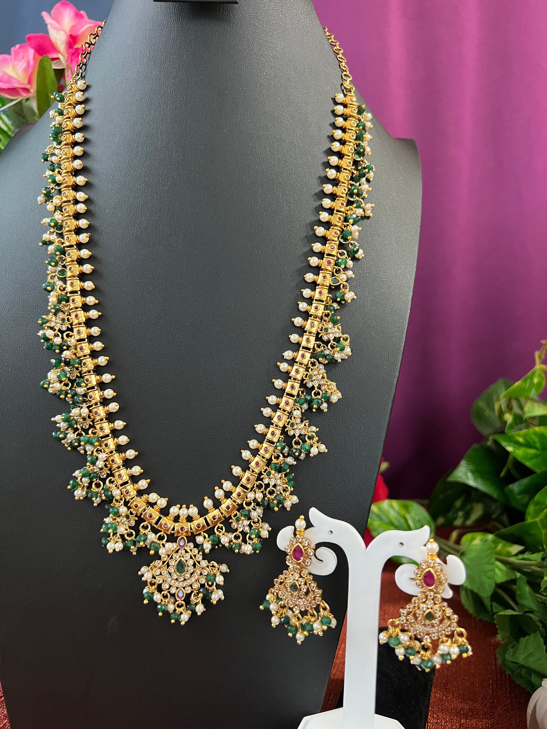 Guttapusala Long Haram Antique Gold Finish/light Weight/ruby CZ