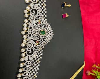 Saree Belt with Chain/Two Tone Premium Quality/Light Stiff Vaddanam/Changeable Ruby Sappire Green AD Dimond Finish/Adult Belt/29to 36 inches