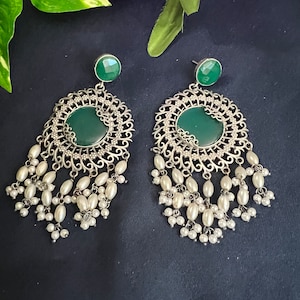 German Silver Dangle Earrings: Green Stone, Pearl Drop, Antique Finish