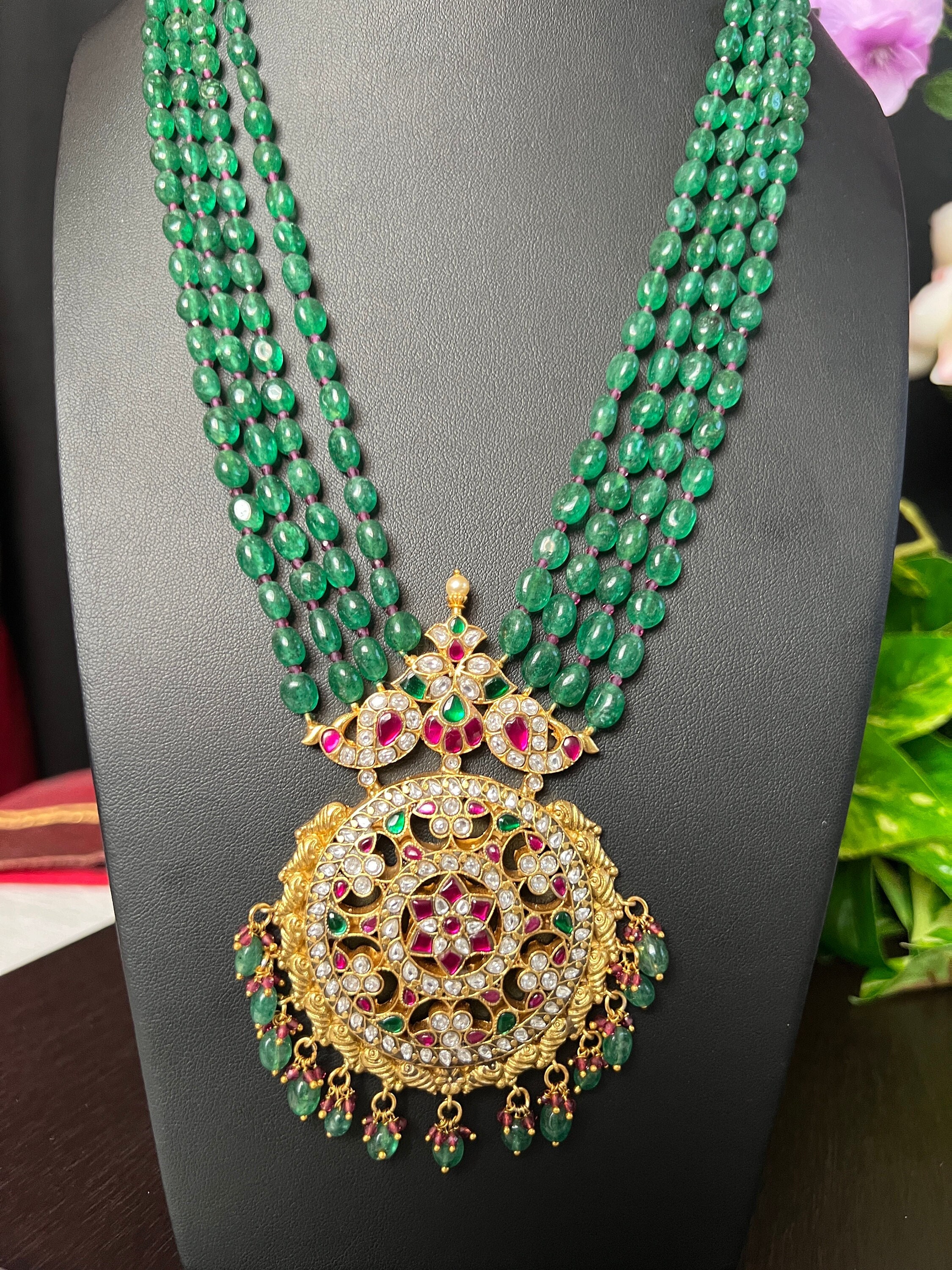TulipFashionBoutique Jadau Kundan Haram Ruby Pink Peacock Pendant Green Beads Only One Haram 4Lines Each Side Premium Quality Gold Finish Indian Jewelry