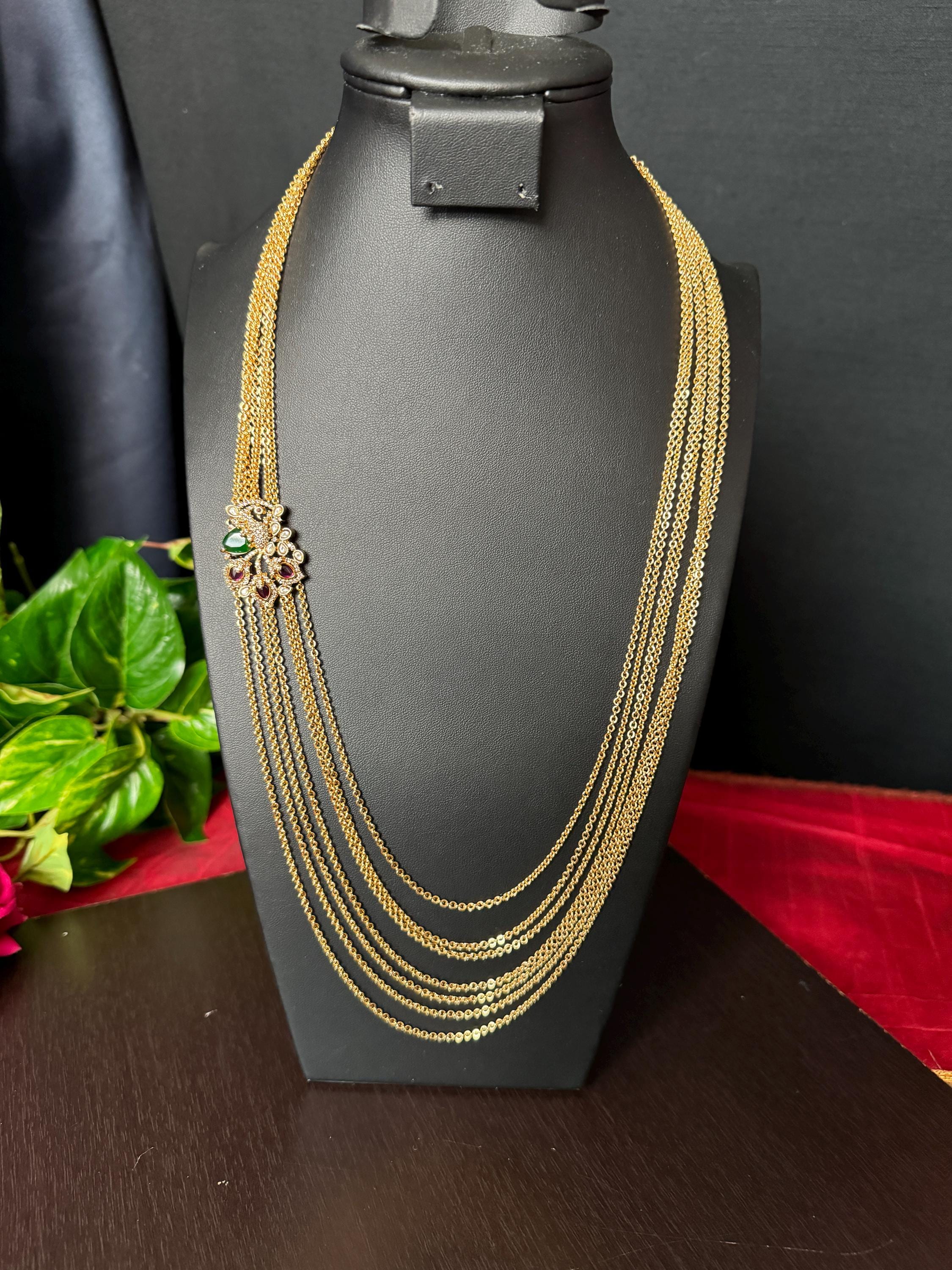 TulipFashionBoutique Peacock Side Pendant Green Ruby Ad Chandra Haram Traditional and Trendy 7 Lines Antique Gold Finish Premium Quality South Indian Jewelry