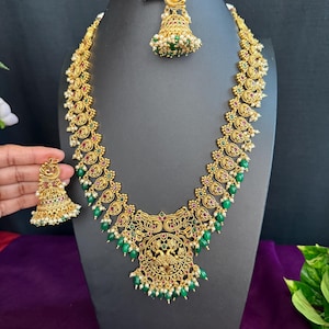 Ruby Pink Peacock Green Beads Drop Long Haram with Jhumka Earrings/ 22.inches Design/Gift Jewelry/Matte Antique Gold Finish/Indian Jewelry