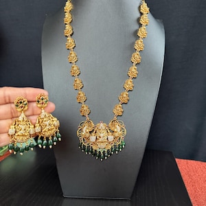 Goddess Lakshmi Haram/Nakshi Long Haram/Preamium Quality/with Earring Set/Peacock Pattern/Matte Antique Gold Finish/Gift Jewelry