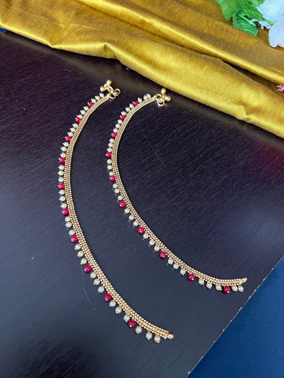 TulipFashionBoutique Anklets Design Pattilu Gold Finish Red and Pearl Drop11. Inches Long Thin Dainty Small Delicate Cute Anklets Indian Jewelry