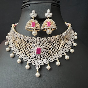 Dimond Ruby Choker AD Stones /Dimond Finish  Choker Matching  Earring Set /South Indian Jewelry