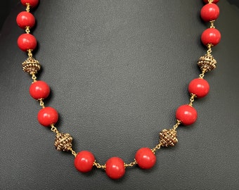 Coral Mala Antique Gold Finish/Round Big Coral and Gold Beads / One Line Haram/one Haram only/21 Inches Long/South Indian Jewelry