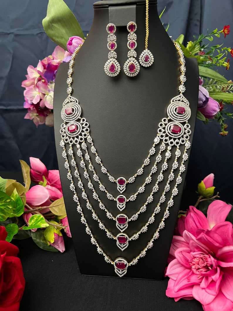 American Dimond Rudy Stone 5 Lada Dimond Finish Bridal Haram 5 Line Layer Long Haram Matching Earring Set and Tikka /South Indian Jewelry. image 6