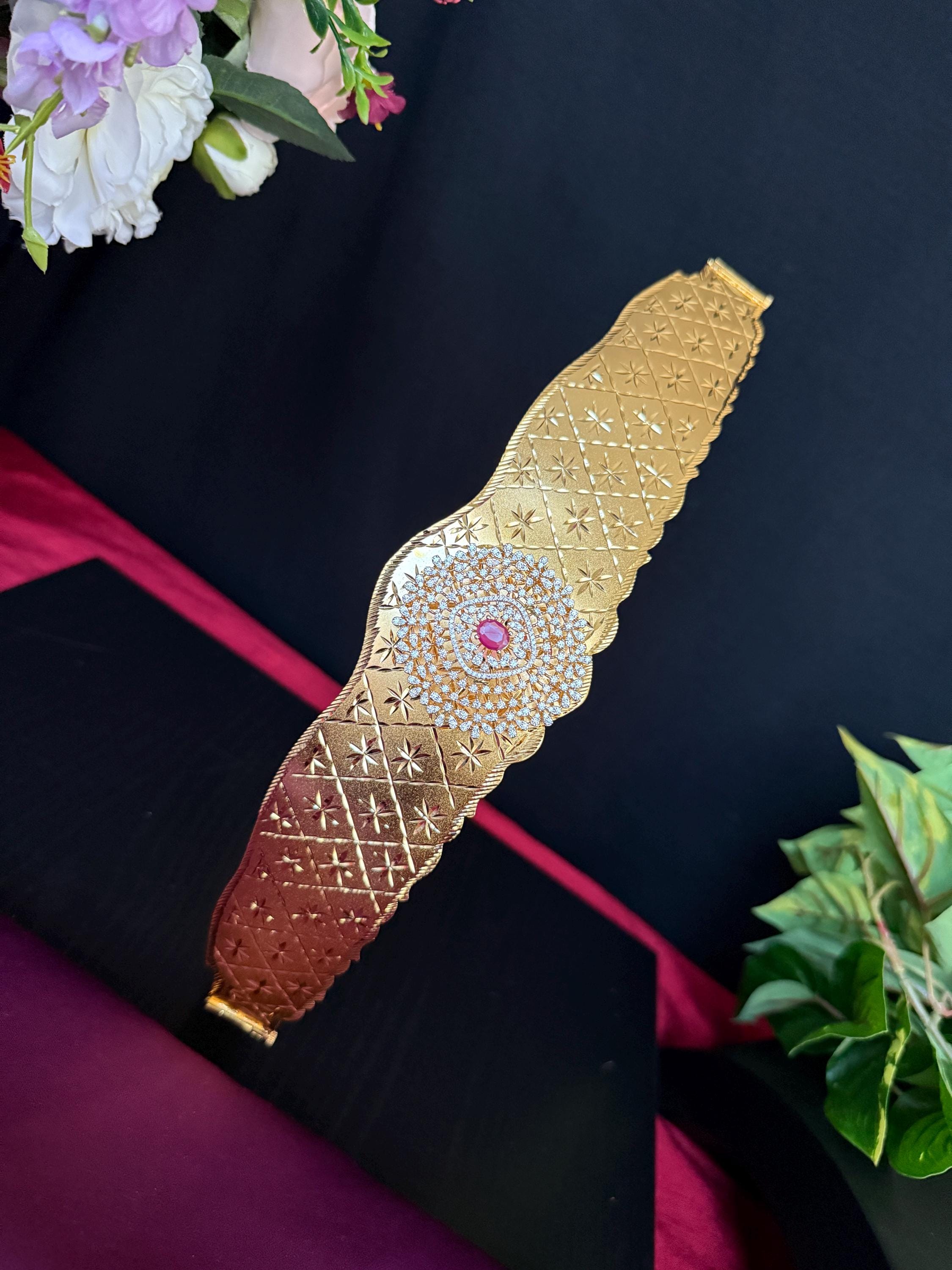 Saree Belt 3 D Look Pendant/Kamarband/AD Ruby Pink Gold Finish/Adult Saree Belt Thin  Gold Belt/34inches to 46 inches to fit /Indian Jewelry