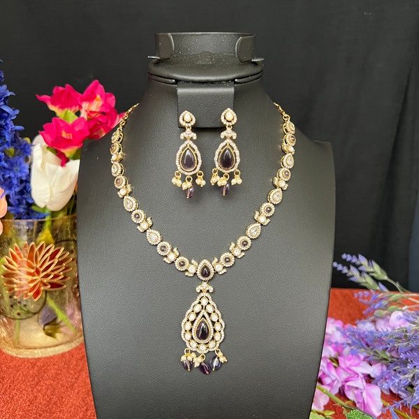 Victorian Moissanite  Necklace AD Lavender beads drop /Victorian Necklace with Earrings /Light weight/Mehendi finish/Indian Jewelry