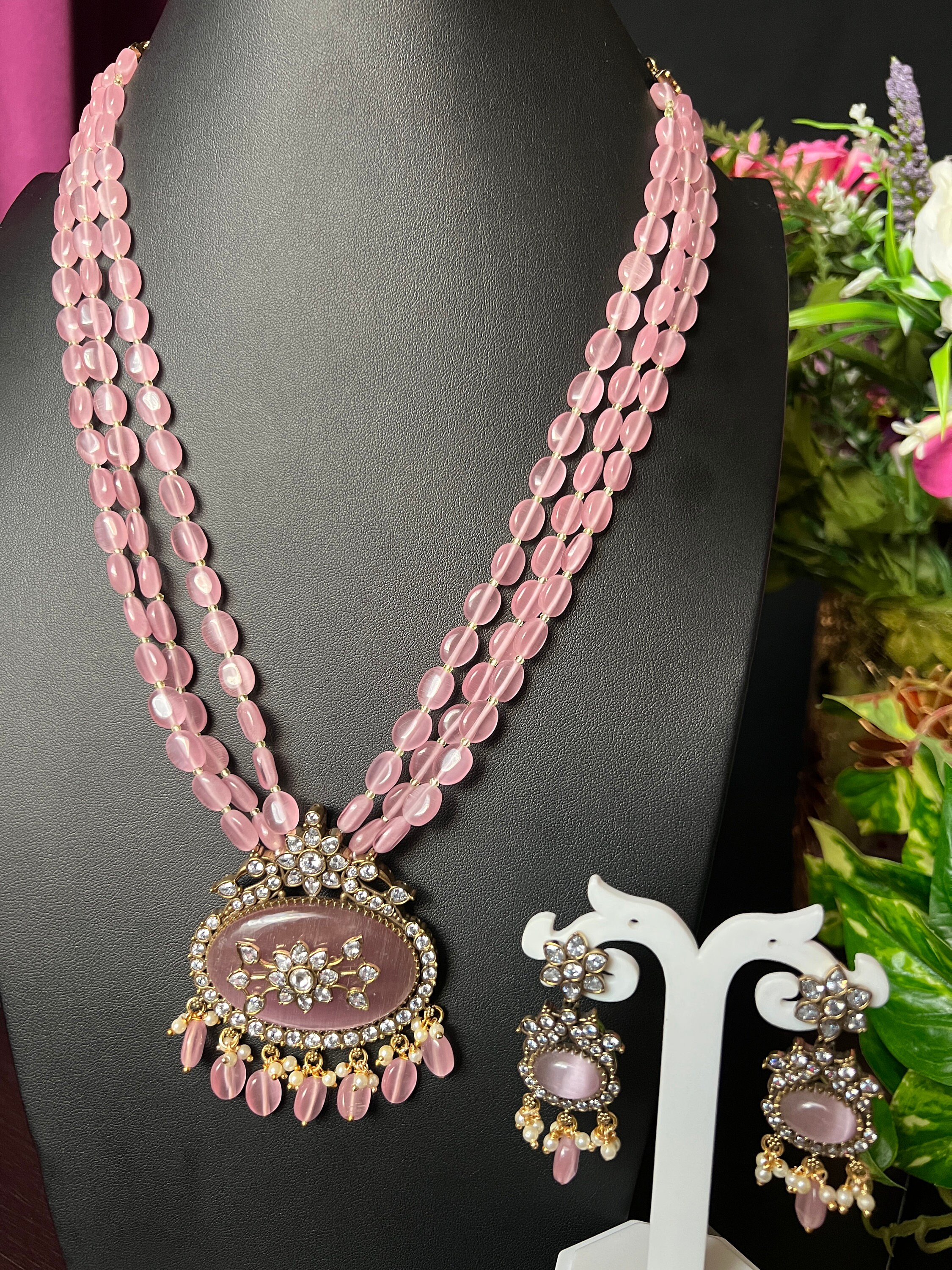 Pink Beads Haram Victorian Mehendi Finish hand Made Haram Pendant