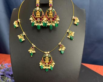 Kemp Invisible Choker Set/Dainty Metal Brass wire/Green Beads/Indian Necklace