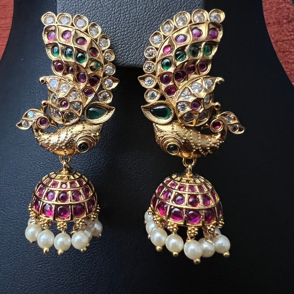 Jhumka Kemp Peacock Earrings/ Antique Gold Finish / South Indian Jewelry/ Asian Jewelry