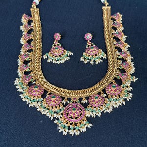 Jadau Kemp Guttapusalu Haram Set: Indian Jewelry, Antique Gold Finish