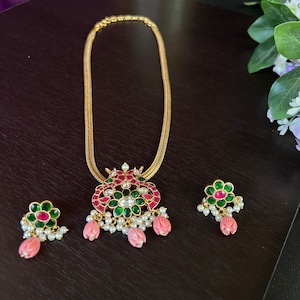 Jadau Kundan Stones/Peacock Pendant set  Gold Finish/ Ruby pink Pearls with Pendant Removable //South Indian Jewelry /Indian Jewelry.