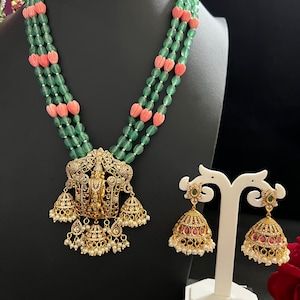 Lord Balaji Lakshmi Pendant Set: Coral & Mint Green Beads, Indian Jewelry