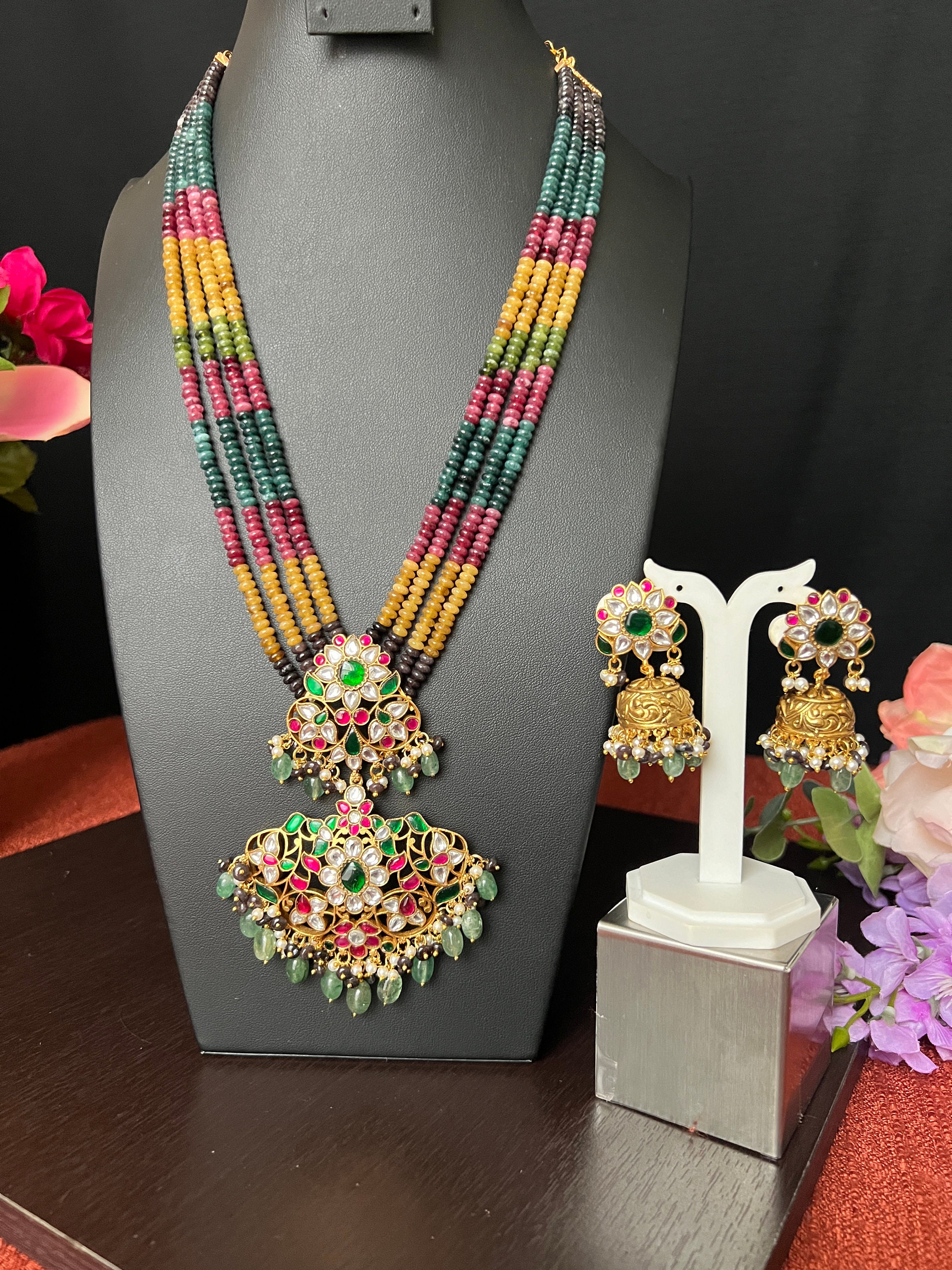 Jadau Pendant Long Haram with Earrings/Natural Multi Real Beads it is not Shinny/Necklace/Haram 4Lines Each Side/Indian Jewelry/Gift Jewelry