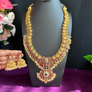 Kemp Ruby Pink Peacock Grand Long Haram 26.inches/Bridal Haram/Gift Jewelry/Matte Antique Gold Finish/Indian Jewelry