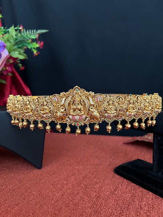 Gold Ornate Belt with Intricate Patterns Temple Design Gold Waist Belt | Lakshmi Vaddanam With Ruby  main image 4