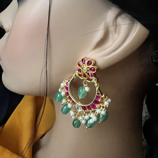 Jadau Kundan Ruby Pink Chandbali Earrings/2.3 Inches Long/wide 1.4inch /Green Emerald Pearl Drop/South Indian Jewelary /Gold Finish.
