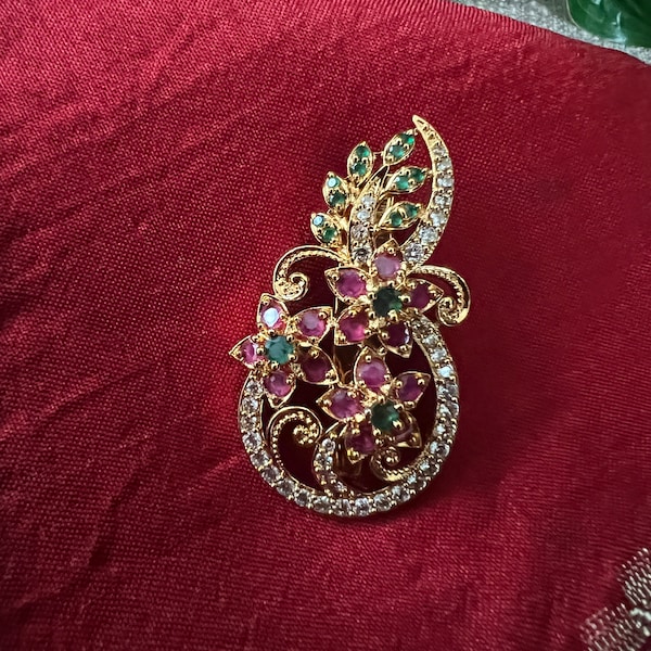Saree Pin Flower Design /AD Ruby Emerald Stone /Antique Gold Finish/ 1.8 inches long 1 inch wide /Indian Jewelry Saree Pin