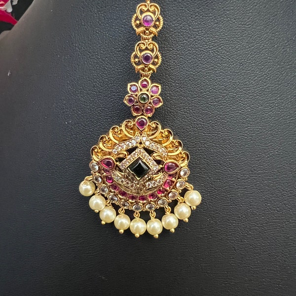 Maang Tikka Jadau Kemp/Gold finish Small /Mangtikka /South Indian jewelry/3.2inch Long /1.2 Inch wide/ Antique Gold Finish.