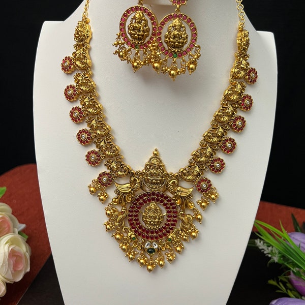 Kemp Ruby Pink Goddess Lakshmi Peacock Mid Lenth Necklace Traditional Trendy/Gold Beads Drop /Antique Gold Finish /South Indian Jewelry