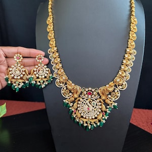 Kundan Ruby AD Peacock Long Haram 28.inches/Bridal Haram/Gift Jewelry/Matching Earrings/Matte Antique Gold Finish/Indian Jewelry