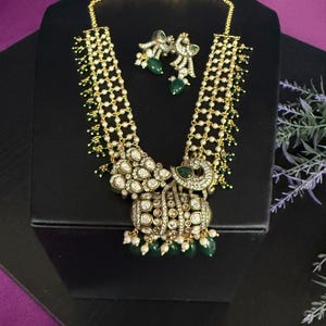 Peacock Pendent Pearl Net Necklace with Earrings Delicate Handmade Victorian Mehedhi Polish/Moissnite Stones /Light weight/Indian Jewelry