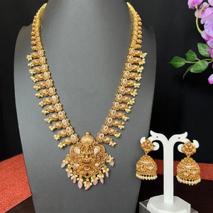 Nakshi Long Haram with Earring Set/Goddess Lakshmi with Peacock Pattern/with Earrings/ Matte Antique Gold Finish /Temple Haram Bridal Haram
