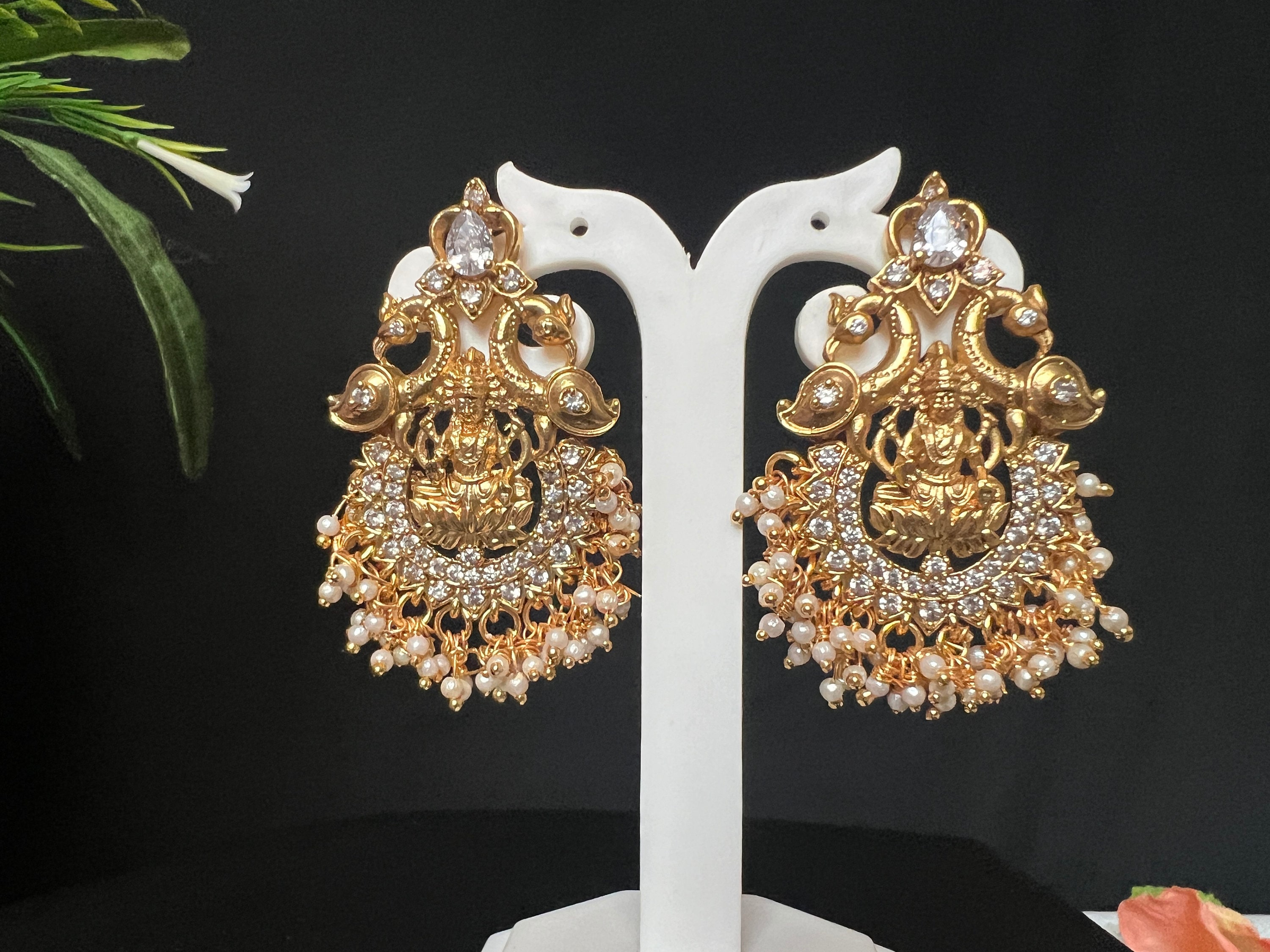 CZ Stones Goddess Lakshmi Earrings: Antique Gold Peacock Temple