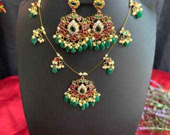 Kemp Ruby Emerald Necklace Earrings: Brass Indian Jewelry Set