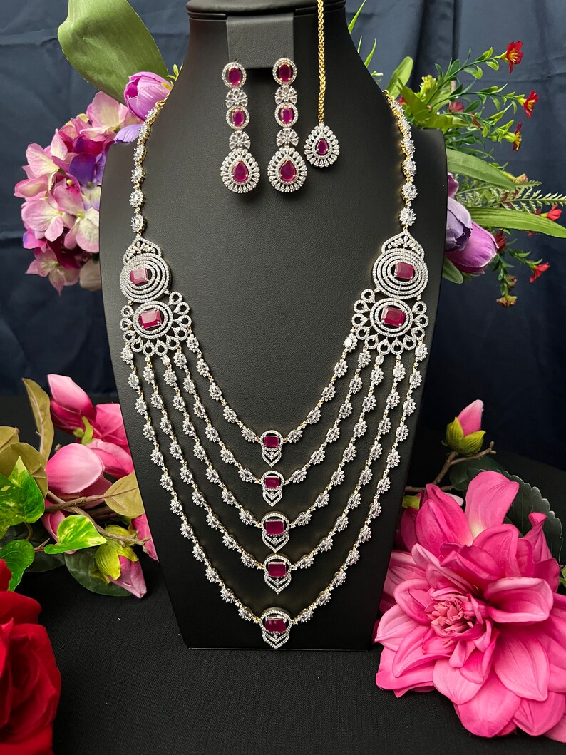 American Dimond Rudy Stone 5 Lada Dimond Finish Bridal Haram 5 Line Layer Long Haram Matching Earring Set and Tikka /South Indian Jewelry. image 4