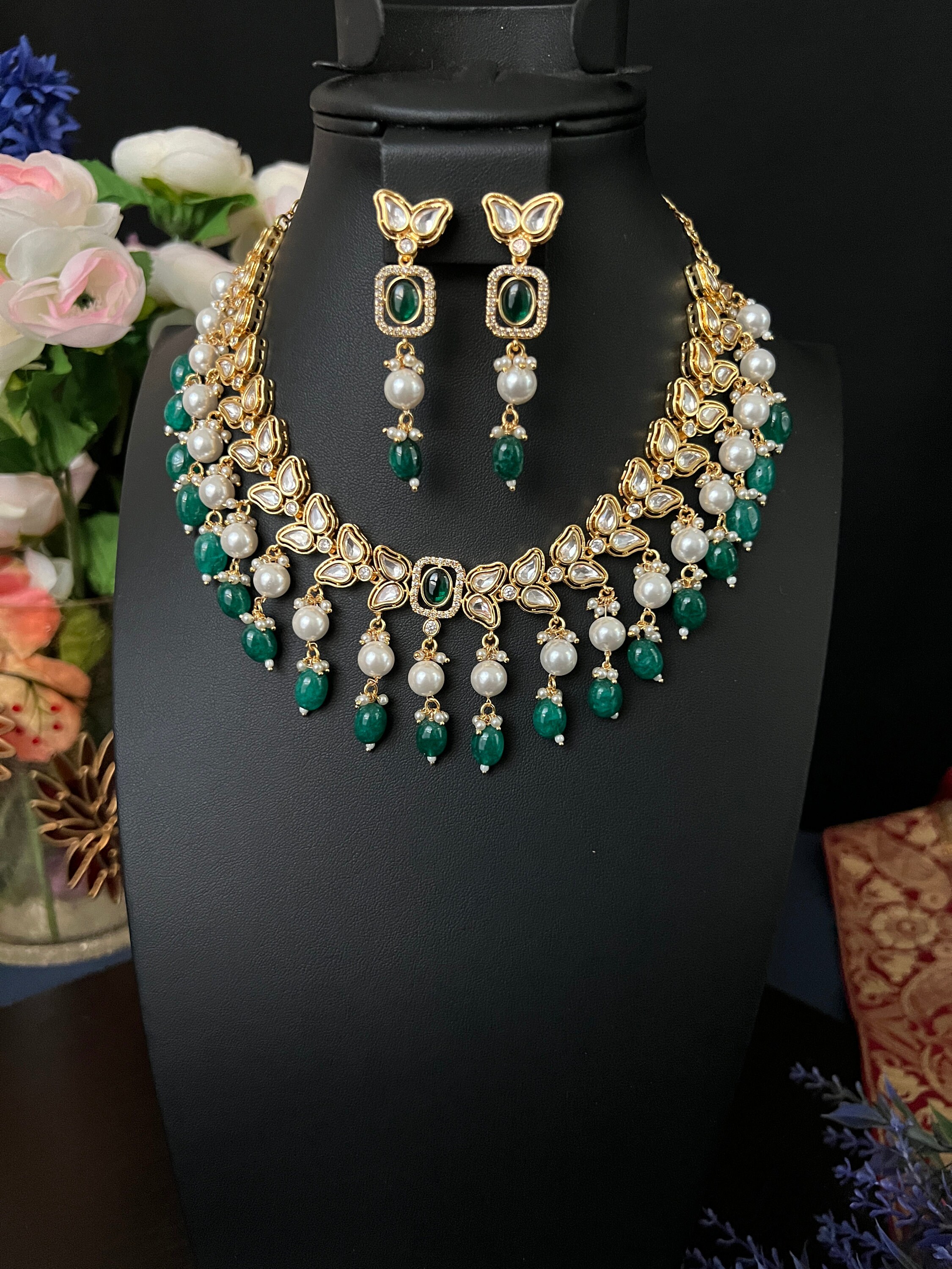 Kundan AD Green Beads Pearl Necklace Set: Indian Pakistani Jewelry